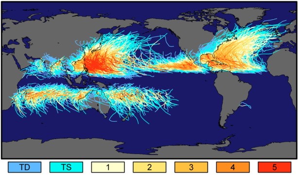 Tracks and intensity of historic tropical storms, using the Saffir-Simpson hurricane intensity scale