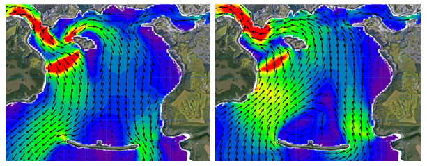 Tidal current visualisations around the Plymouth race area during ebb and flood tidal phases